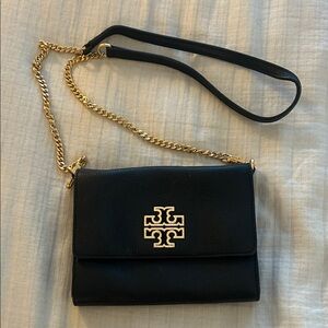 Tory Burch Black Leather Crossbody with Gold Logo and Chain Strap